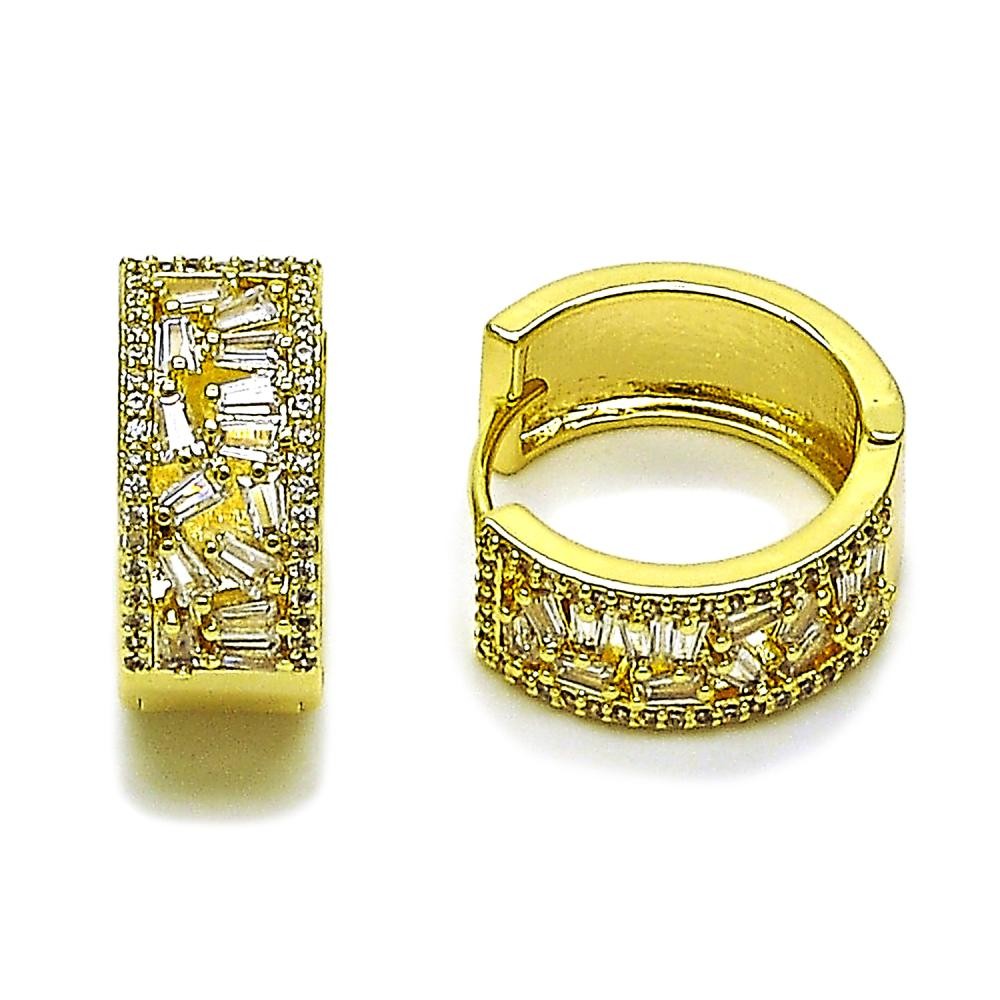 Gold Filled Huggie Hoop Style Baguette Design with White Cubic Zirconia Polished Golden Finish