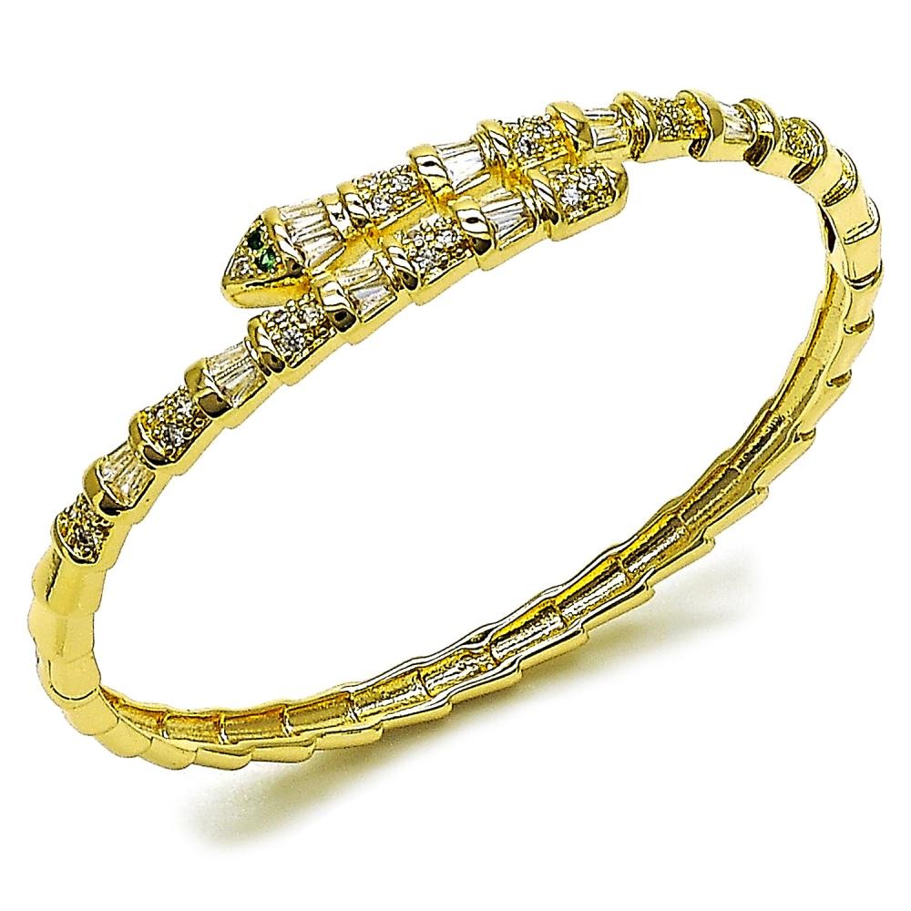 Gold Filled Bangle Snake and Baguette Design with White Cubic Zirconia and White Micro Pave Polished Golden Finish Size 4 2.25 Diameter