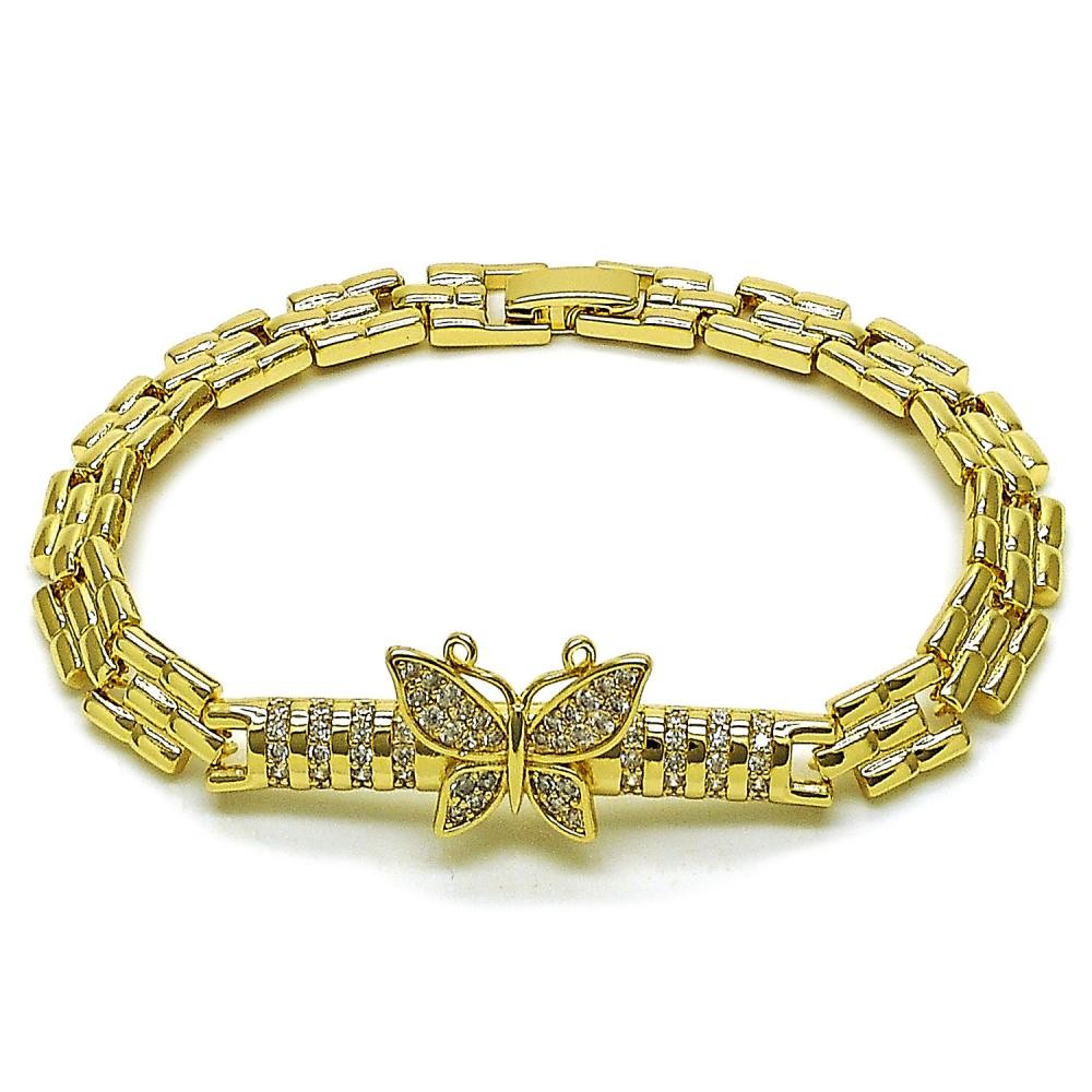 Gold Filled Fancy Bracelet Butterfly Baguette Design with White Cubic Zirconia Polished Golden Finish 7 Inches Length