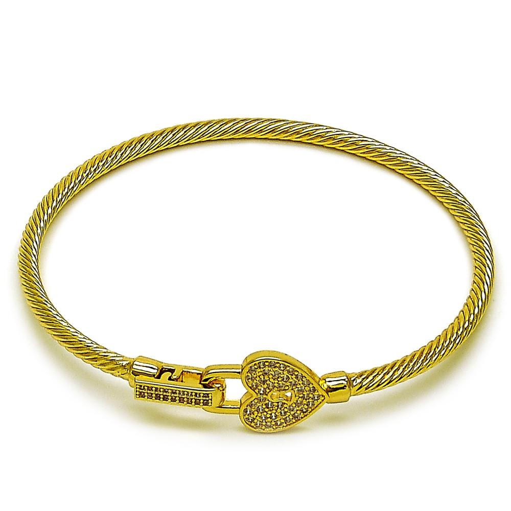 Gold Filled Individual Bangle Heart Design with White Micro Pave Polished Golden Finish One size fits all