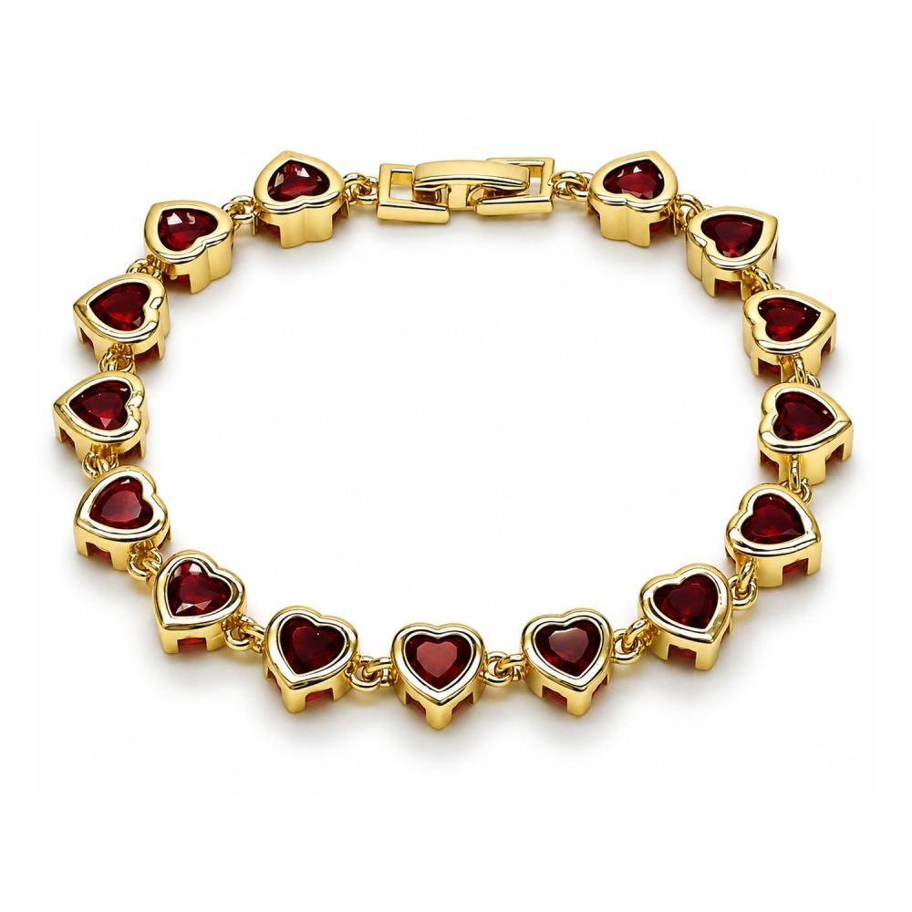 Gold Filled Tennis Bracelet Heart Design with Garnet Cubic Zirconia Polished Golden Finish