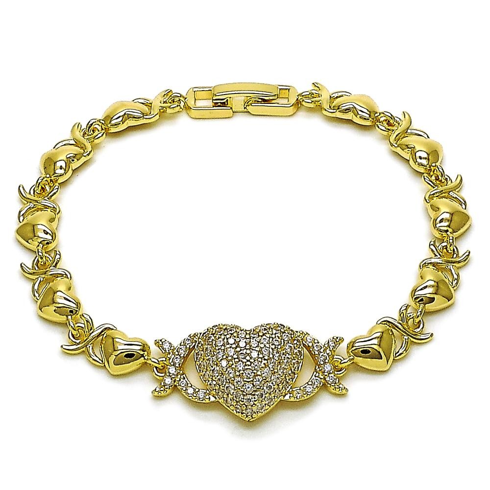 Gold Filled Fancy Bracelet Heart and Hugs and Kisses Design with White Cubic Zirconia Polished Golden Finish 7 Inches Length