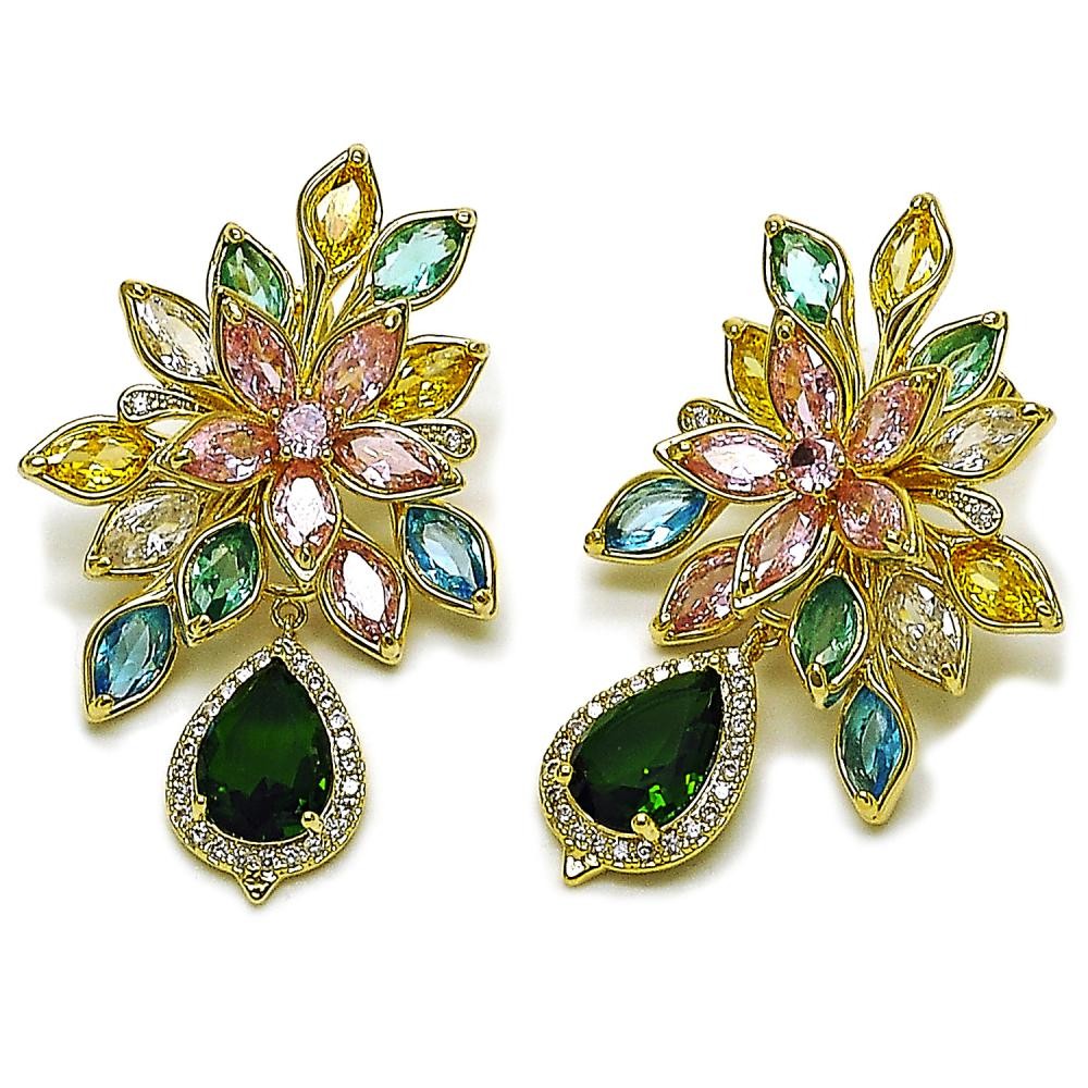 Oro Laminado Drop Earring Style Gold Filled Flower and Teardrop Design with Multicolor and Green Cubic Zirconia Polished Golden Finish