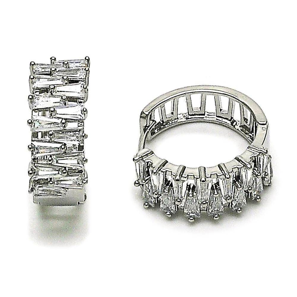 Gold Filled Huggie Hoop Baguette Design with White Cubic Zirconia Polished Rhodium Finish