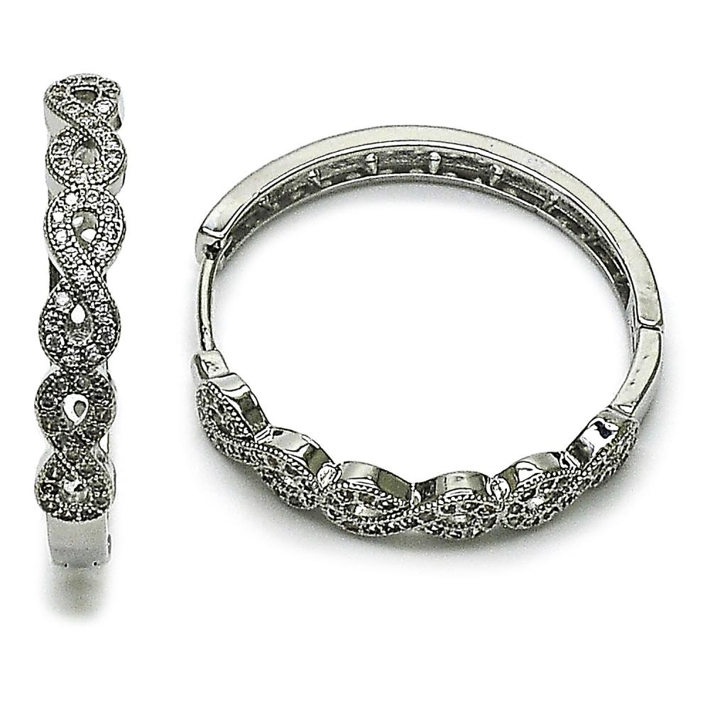 Gold Filled Rhodium Huggie Hoop Infinite Design with White Micro Pave Polished Rhodium Finish