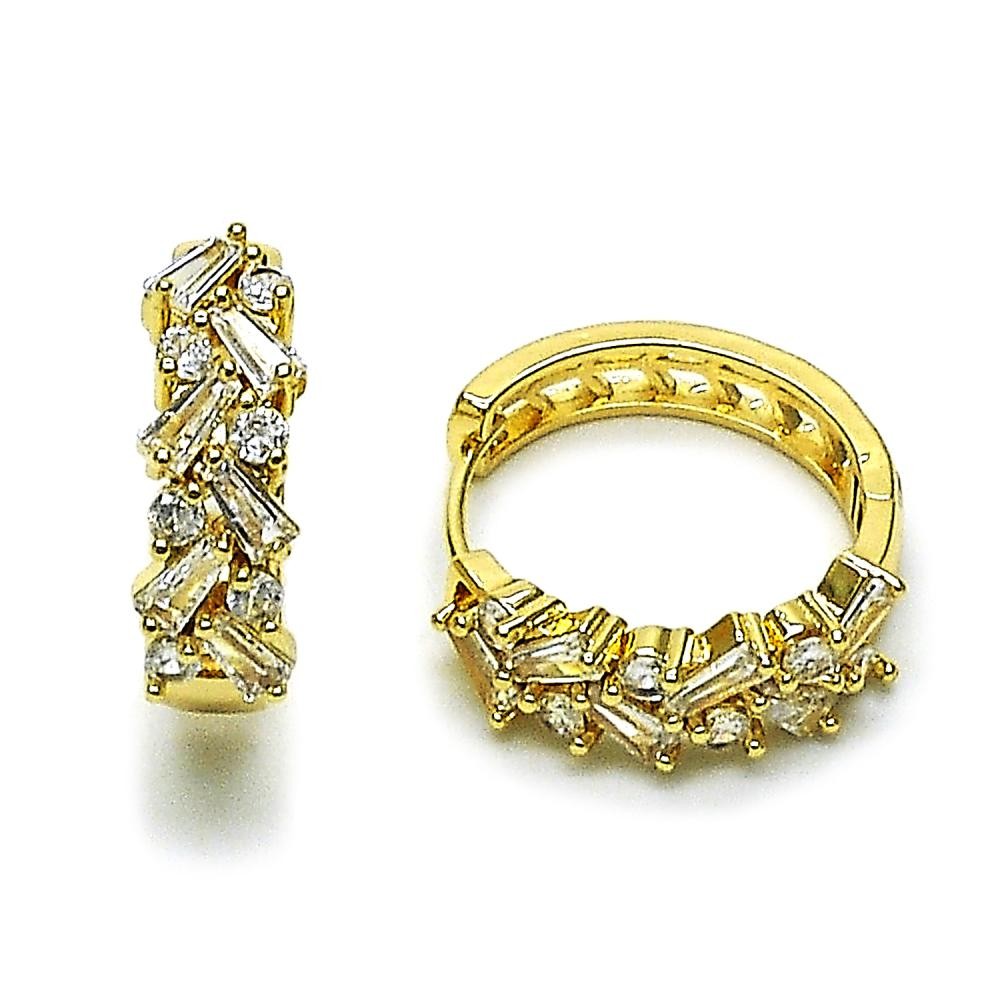 Gold Filled Huggie Hoop Style Baguette Design with White Cubic Zirconia Polished Golden Finish