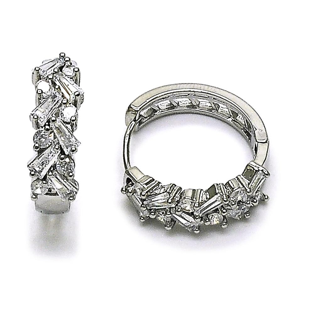 Gold Filled Rhodium Huggie Hoop Baguette Design with White Cubic Zirconia Polished Rhodium Finish