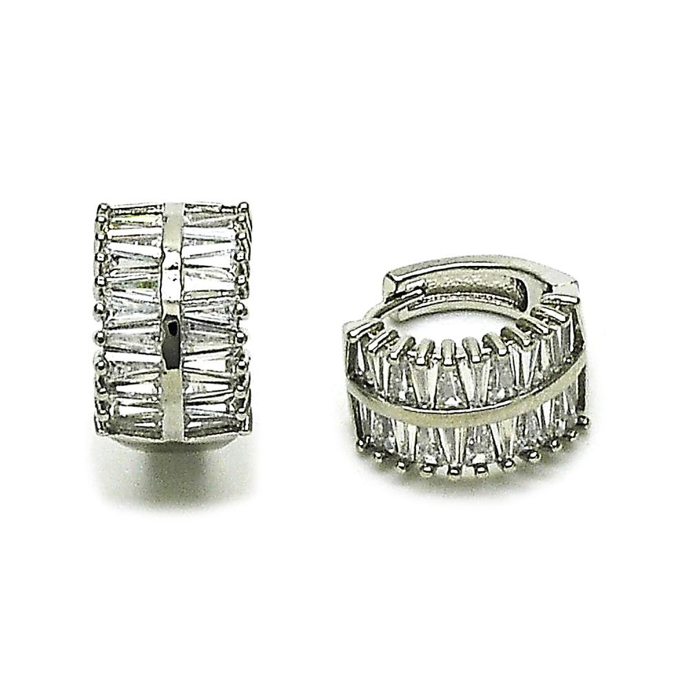 Gold Filled Huggie Hoop Baguette Design with White Cubic Zirconia Polished Rhodium Finish