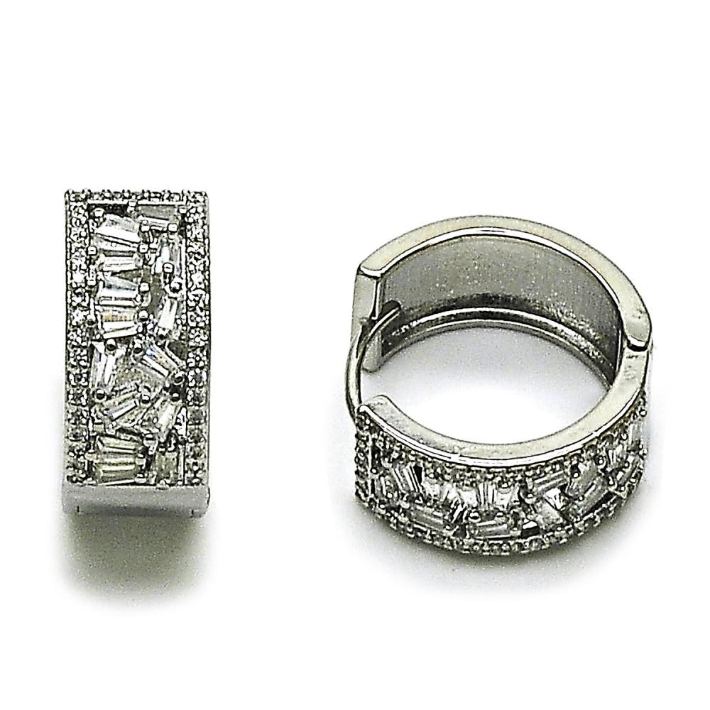 Gold Filled Huggie Hoop Baguette Design with White Cubic Zirconia Polished Rhodium Finish