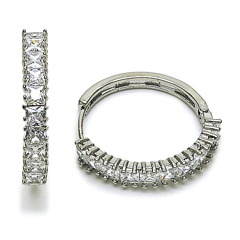 Gold Filled Rhodium Huggie Hoop with White Cubic Zirconia Polished Rhodium Finish