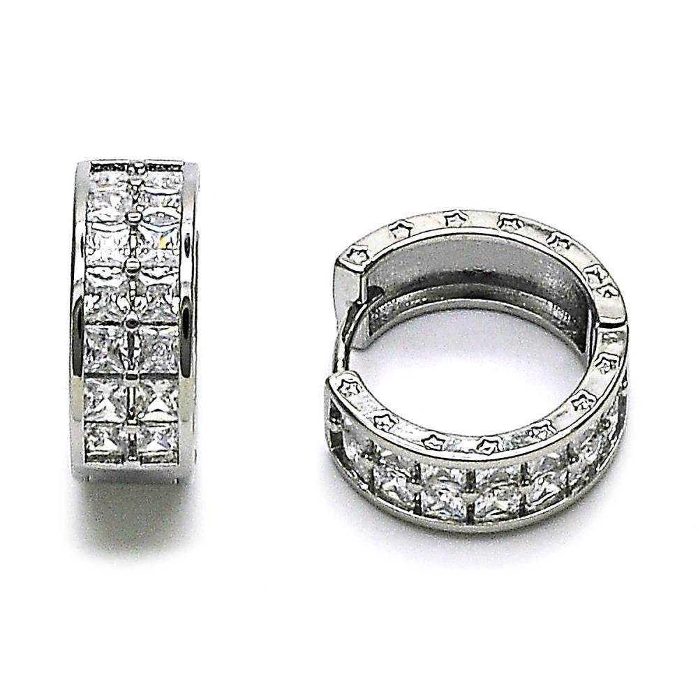 Gold Filled Huggie Hoop Star Design with White Cubic Zirconia Polished Rhodium Finish