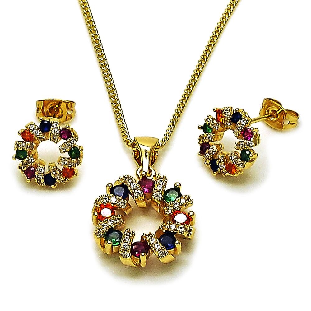 Gold Filled Earring and Pendant Set with Multicolor Cubic Zirconia Polished Golden Finish