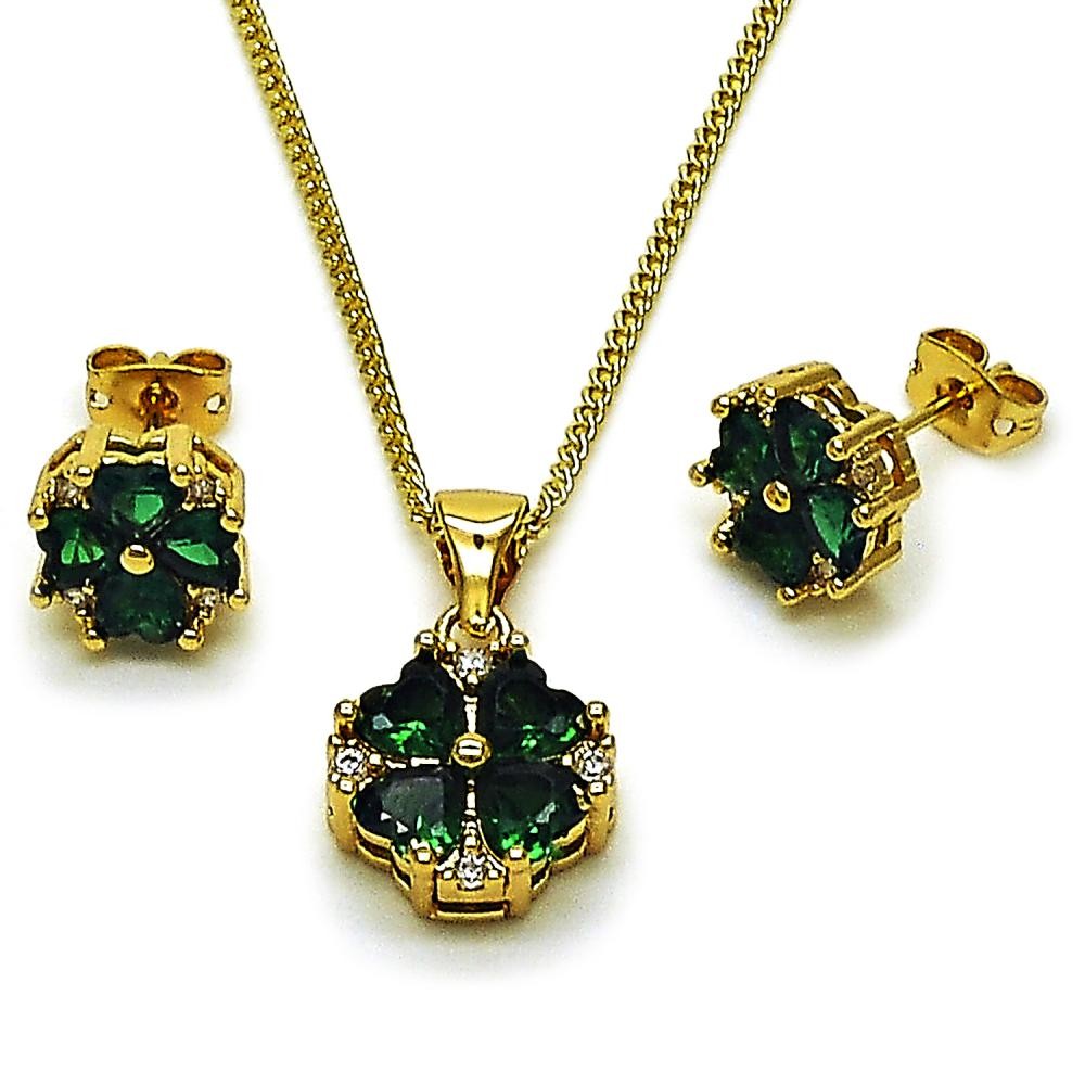 Gold Filled Earring and Pendant Set with White and Green Cubic Zirconia Polished Golden Finish