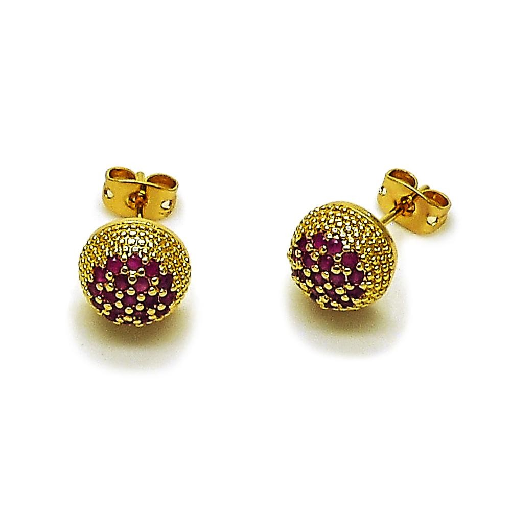 Gold Filled Stud Earring Ball Design with Ruby Micro Pave Polished Golden Finish
