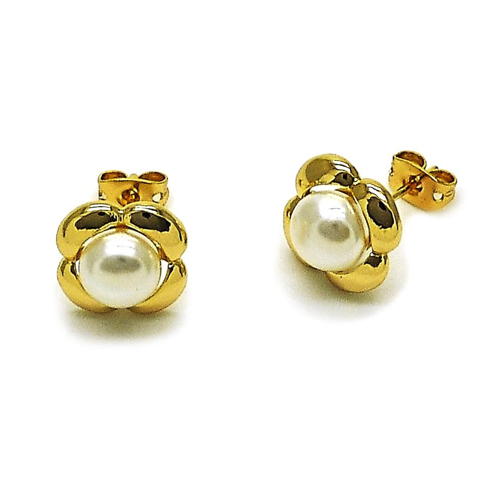 Gold Filled Stud Earrings Four-leaf Clover and Ball Design with Ivory Pearl Polished Golden Finish