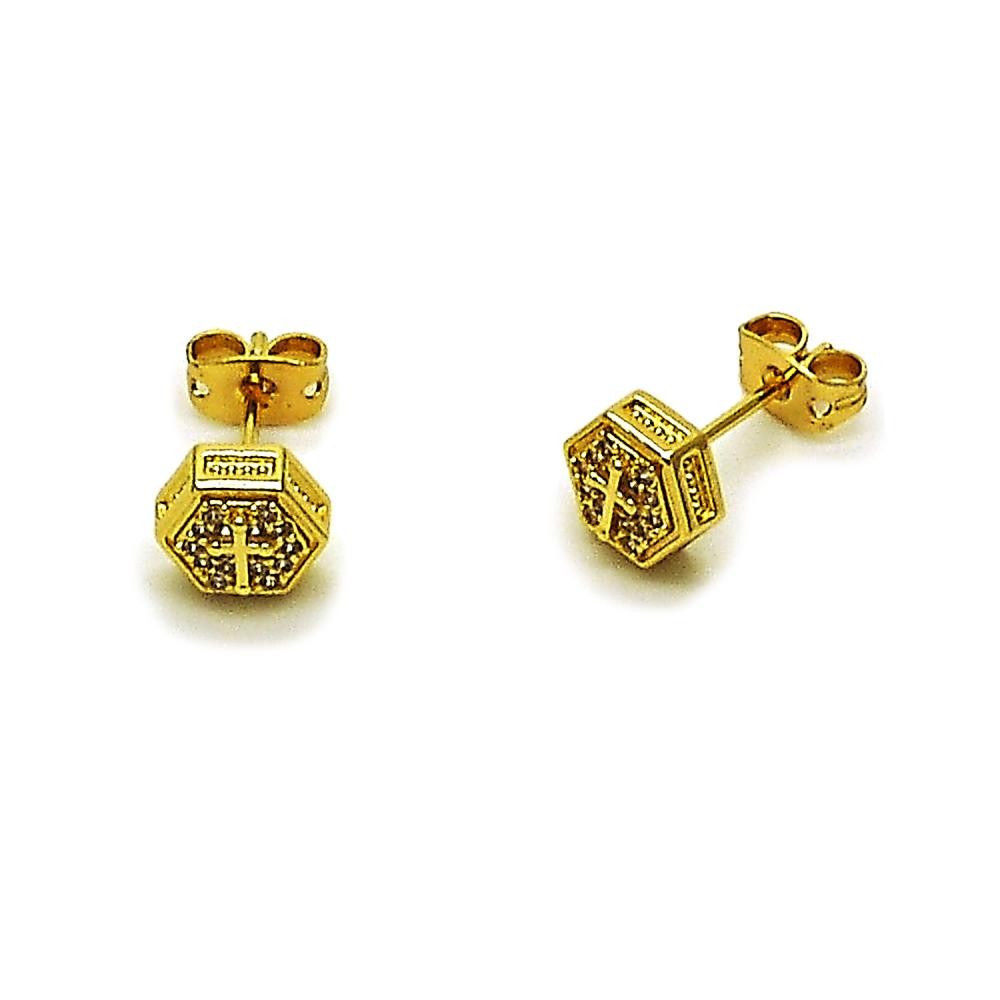 Gold Filled Stud Earring Cross Design with White Micro Pave Polished Golden Finish