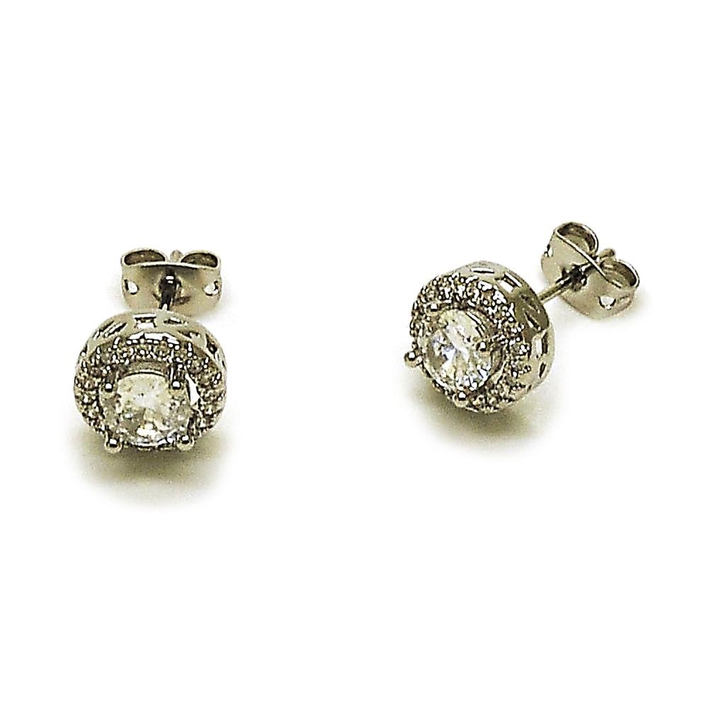 Gold Filled Stud Earring Cluster Design with White Cubic Zirconia and White Micro Pave Polished,Rhodium Finish