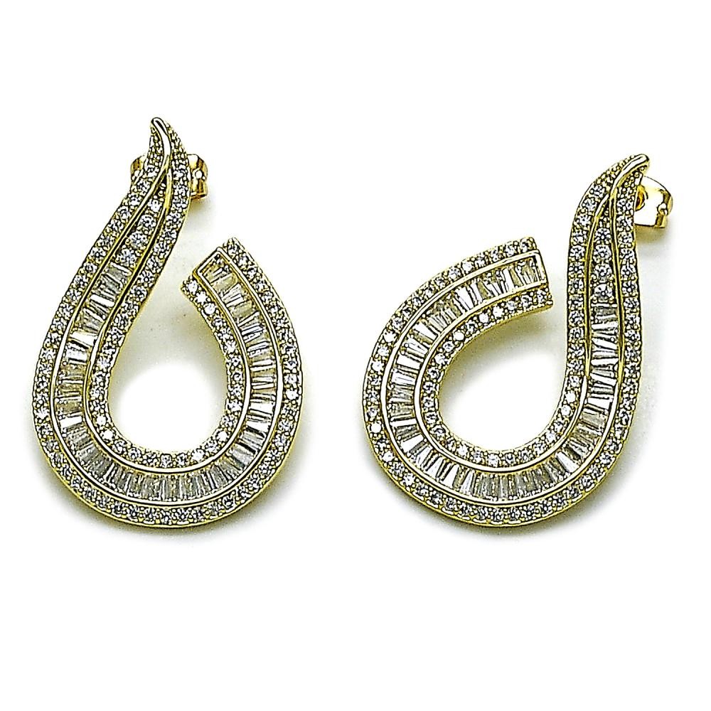 Gold Filled Stud Earring Baguette Design with White Cubic Zirconia and White Micro Pave Polished Golden Finish