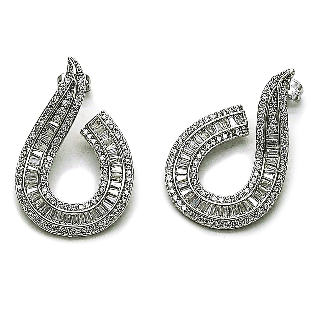 Gold Filled Stud Earring Baguette Design with White Cubic Zirconia and White Micro Pave Polished Rhodium Finish