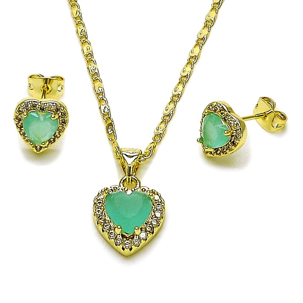Gold Filled Earring and Pendant Set Heart and Cluster Design with Light Turquoise and White Cubic Zirconia Polished Golden Finish