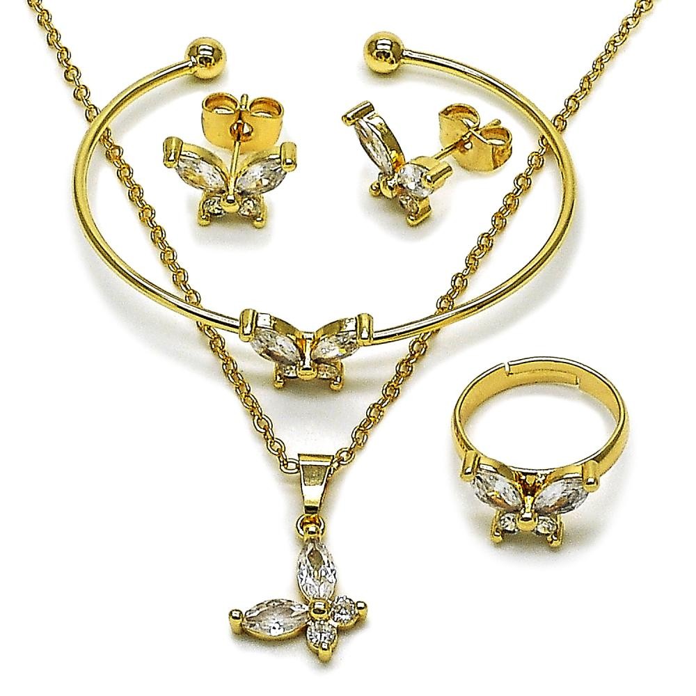 Gold Filled Earring and Pendant Children Set Butterfly Design with White Cubic Zirconia, Polished Golden Finish