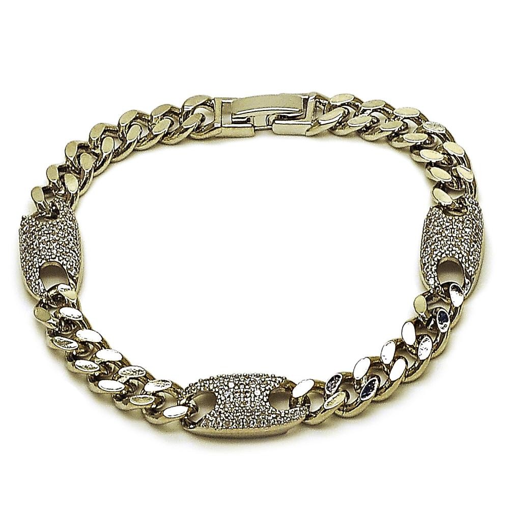 Gold Filled Fancy Bracelet Puff Mariner and Miami Cuban Design with White Cubic Zirconia Polished Rhodium Finish 7 Inches Length