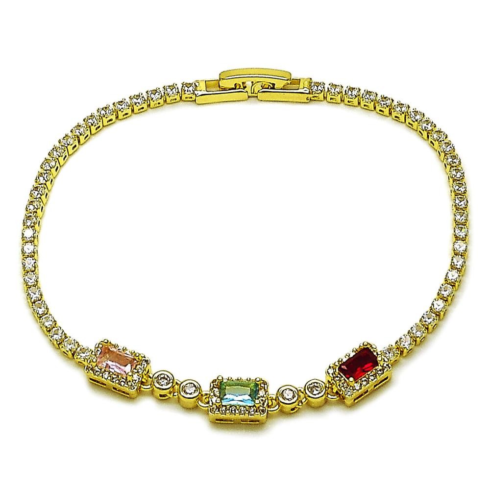 Gold Filled Fancy Bracelet Cluster and Baguette Design with Multicolor and White Cubic Zirconia Polished Golden Finish 2 MM Thickness 7 Inches Length