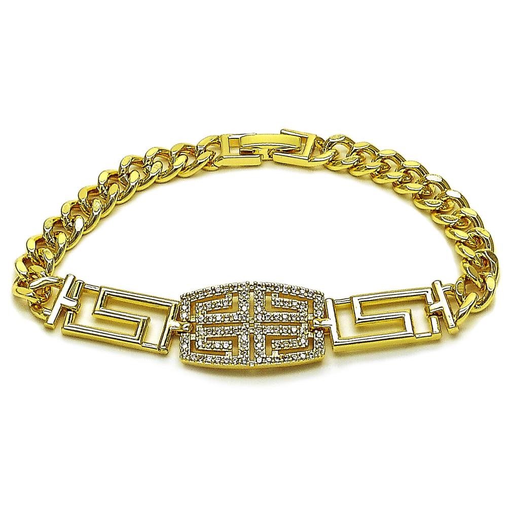 Gold Filled Fancy Bracelet Greek Key and Miami Cuban Design with White Micro Pave Polished Golden Finish 7 Inches Length