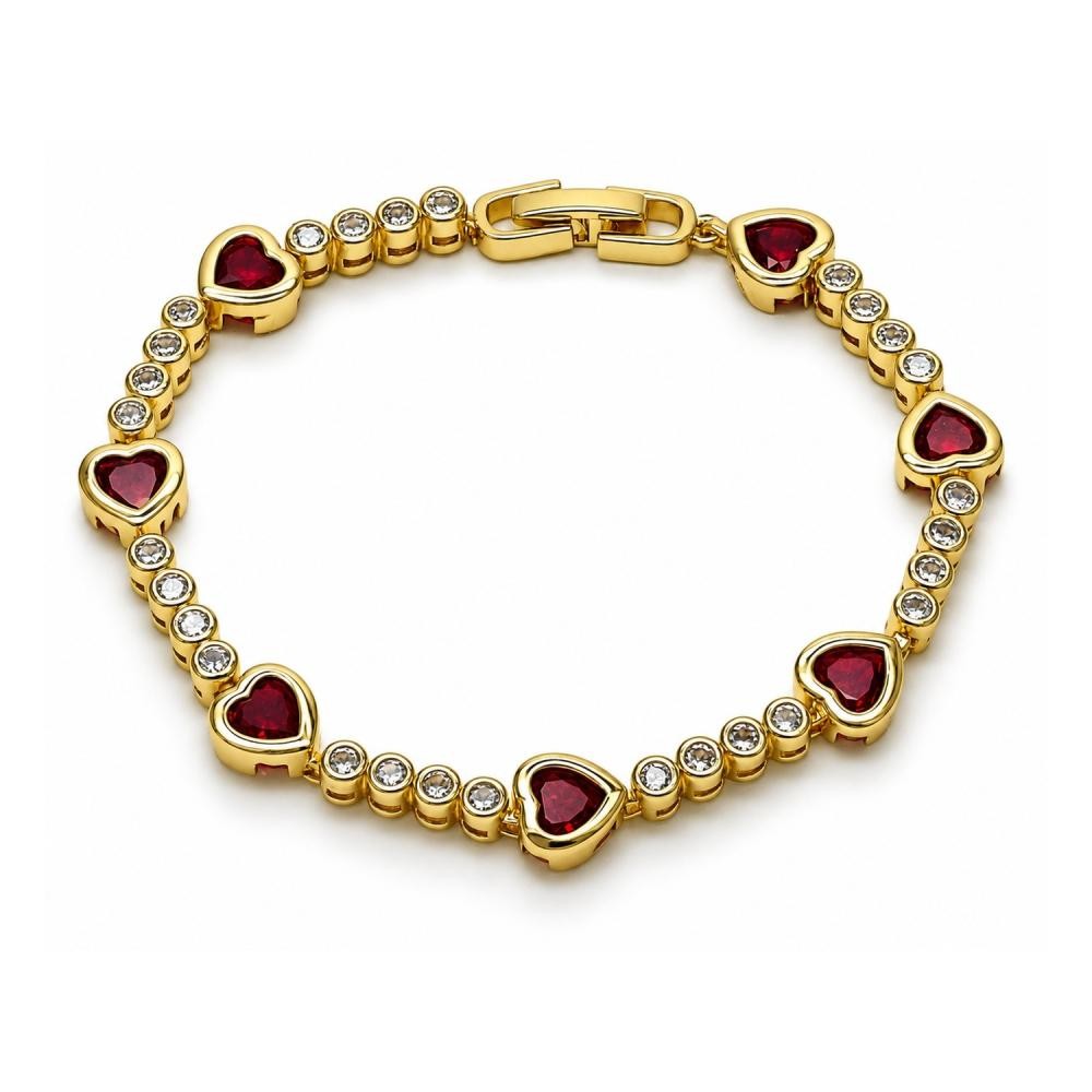 Gold Filled Tennis Bracelet Heart Design with Garnet and White Cubic Zirconia Polished Golden Finish