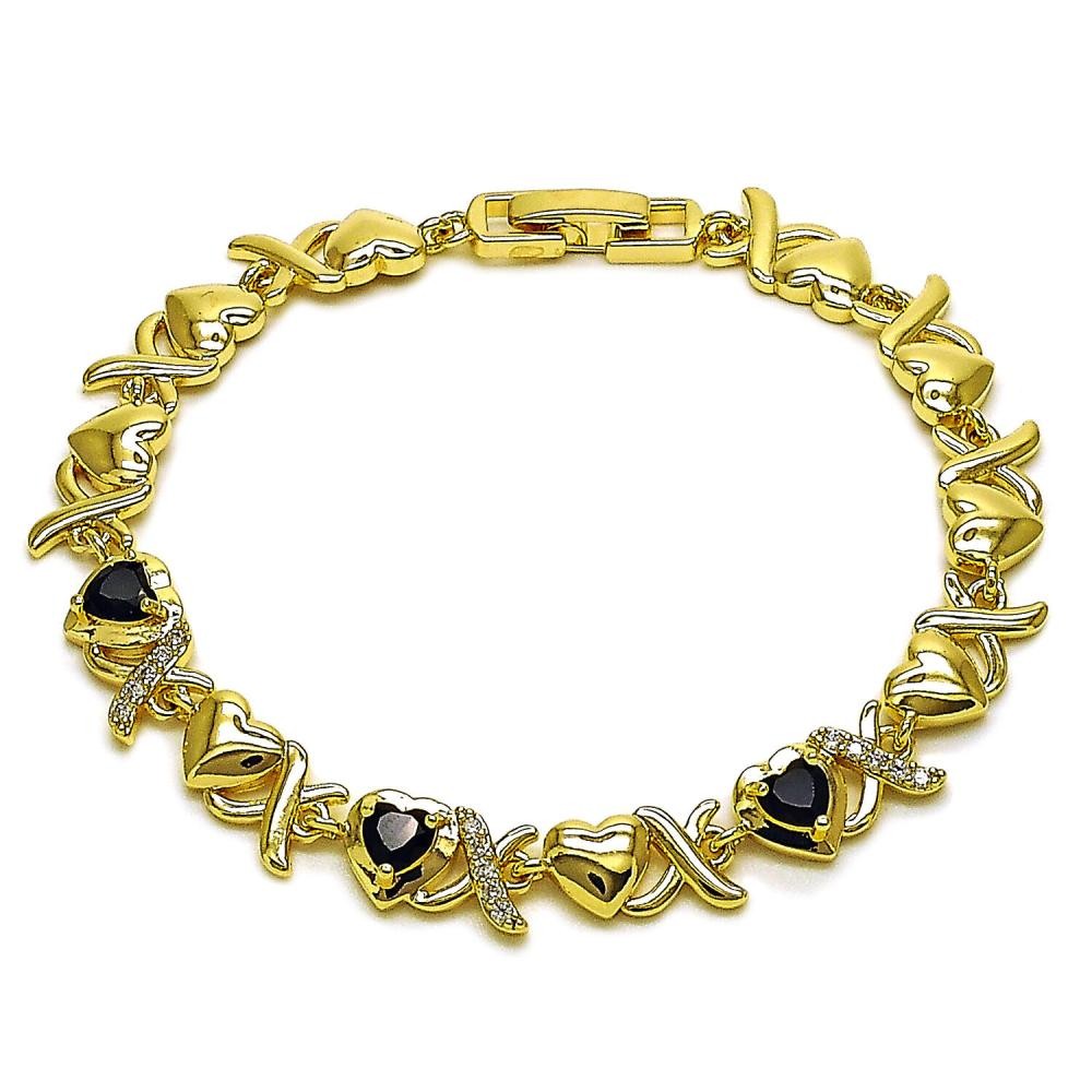 Gold Filled Fancy Bracelet Hugs and Kisses and Heart Design with Black and White Cubic Zirconia Polished