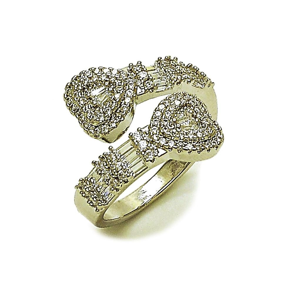 Gold Filled Multi Stone Ring Heart and Baguette Design with White Cubic Zirconia and White Micro Pave Polished Rhodium Finish One size fits all