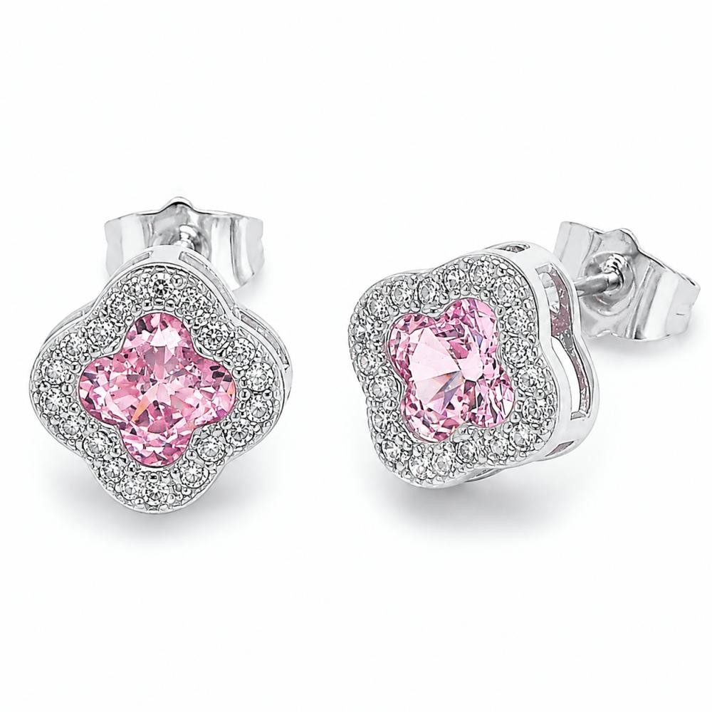 Gold Filled Stud Earrings Four-leaf Clover Design with Pink Cubic Zirconia and White Micro Pave Polished Rhodium Finish