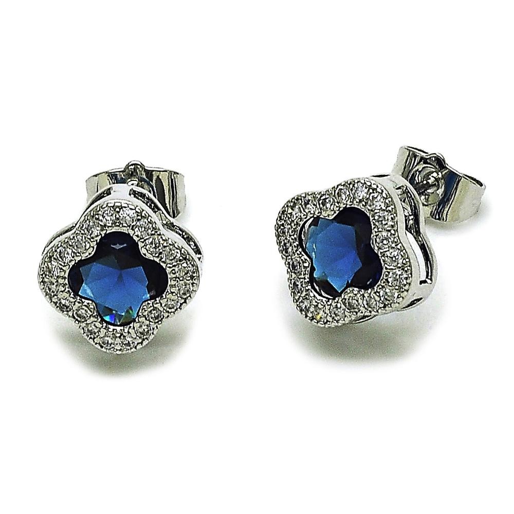 Gold Filled Stud Earrings Four-leaf Clover Design with Sapphire Blue Cubic Zirconia and White Micro Pave Polished Rhodium Finished