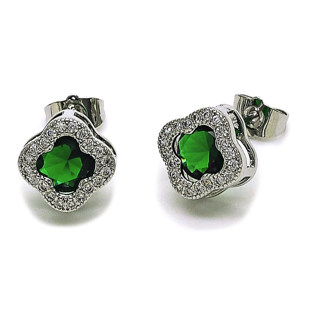 Gold Filled Stud Earrings Four-leaf Clover Design with Green Cubic Zirconia and White Micro Pave Polished Rhodium Finish