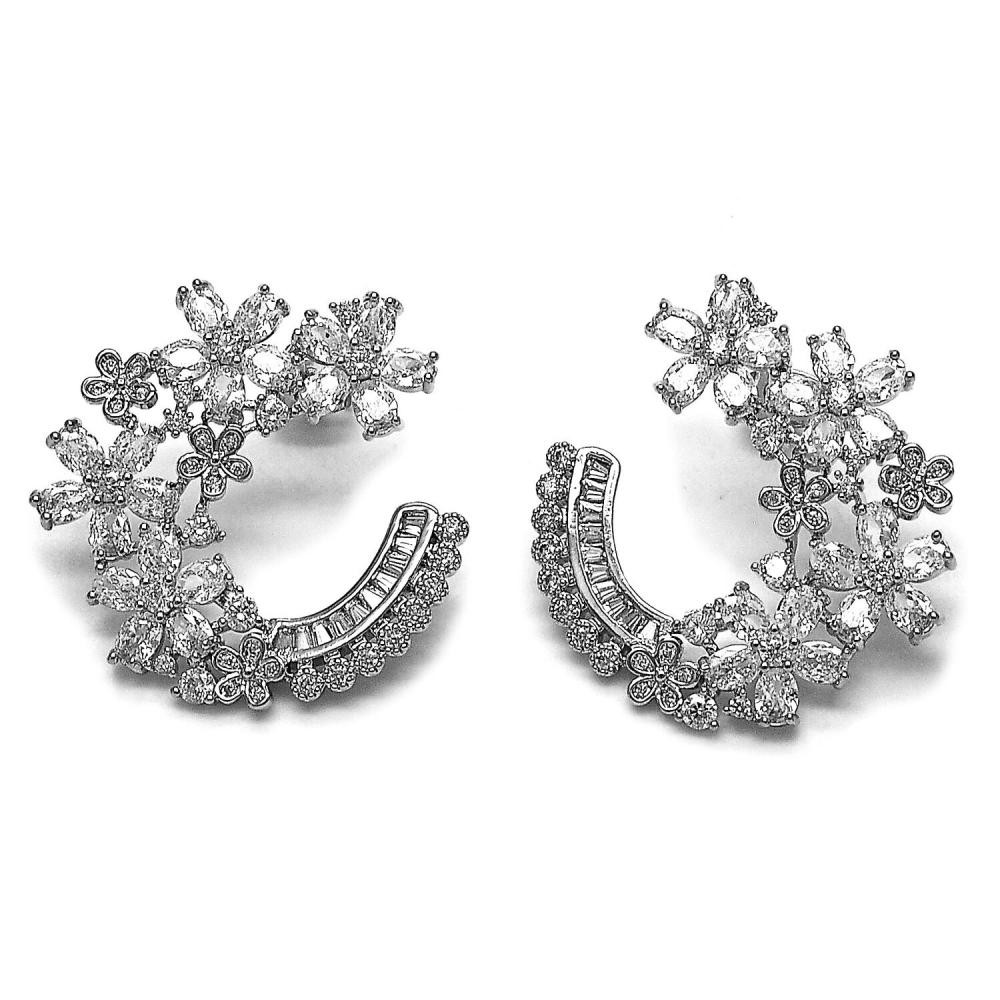 Gold Filled Stud Earring Flower and Baguette Design with White Cubic Zirconia and White Micro Pave Polished Rhodium Finish
