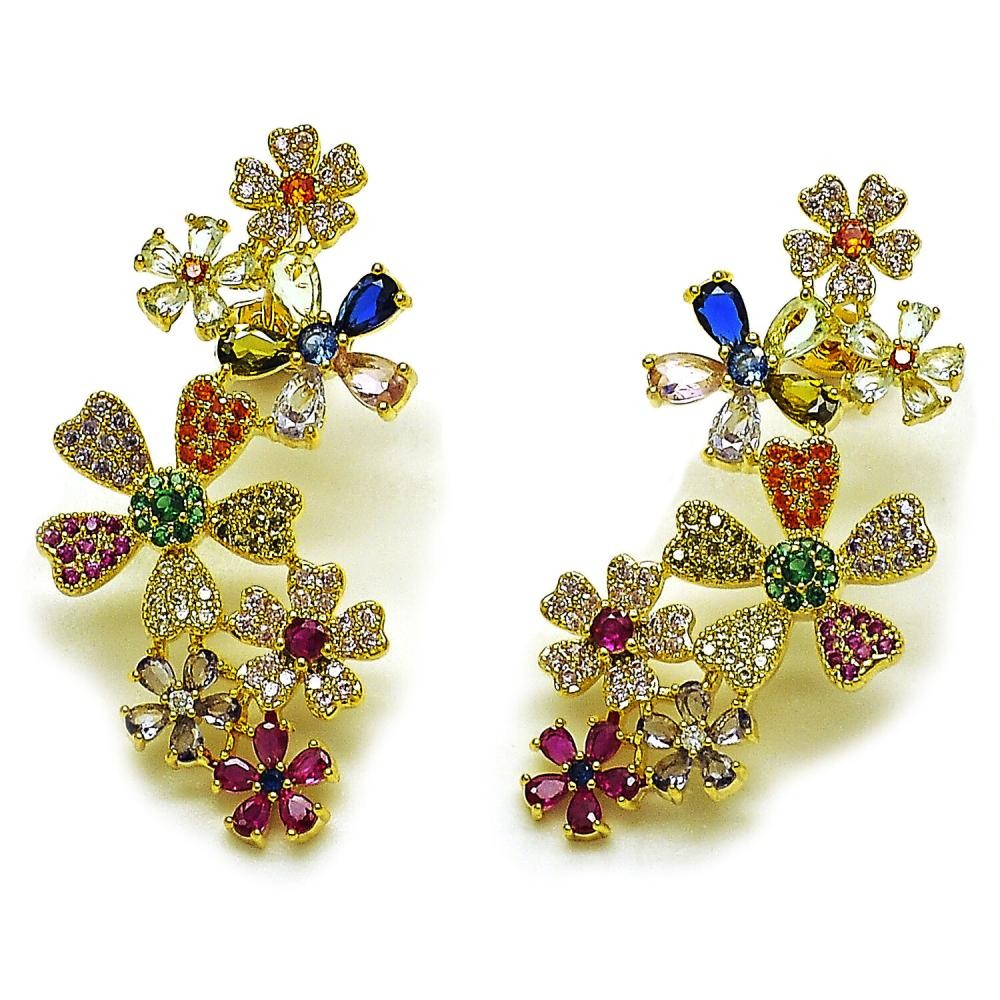 Gold Filled Stud Earring Flower Design with Multicolor Cubic Zirconia and White Micro Pave Polished Golden Finish