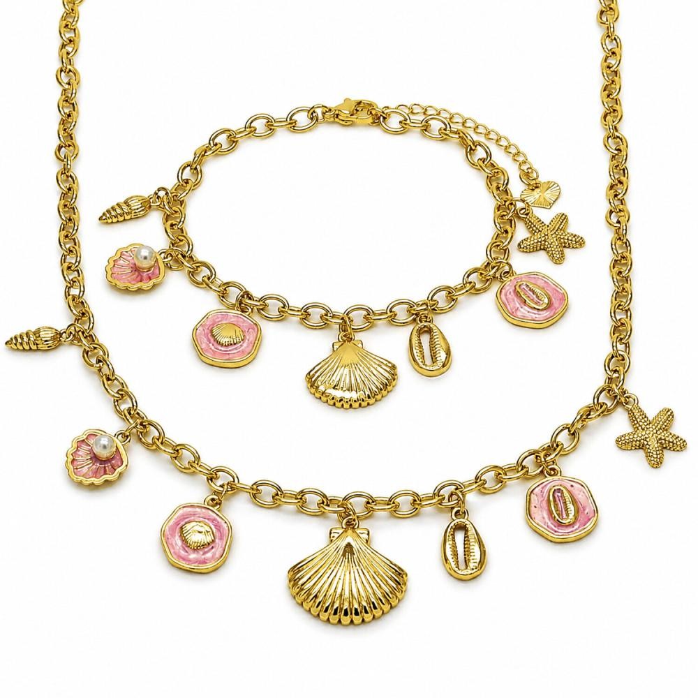 Gold Filled Necklace and Bracelet Shell and Fish Design with Ivory Pearl Dark Pink Enamel Finish