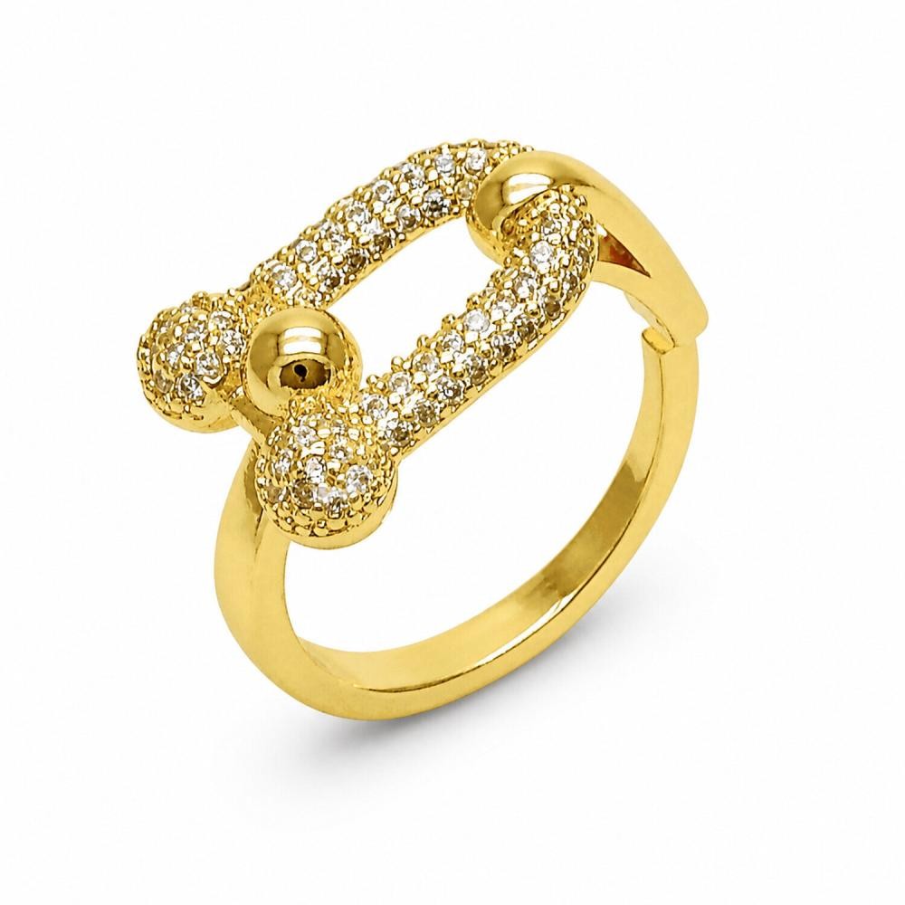 Gold Filled Multi Stone Ring Oval Bar Design with White Micro Pave Polished Golden Finish