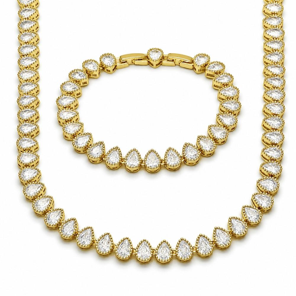 Gold Filled Necklace and Bracelet Pear-Shaped Design with White Cubic Zirconia Polished Golden Finish