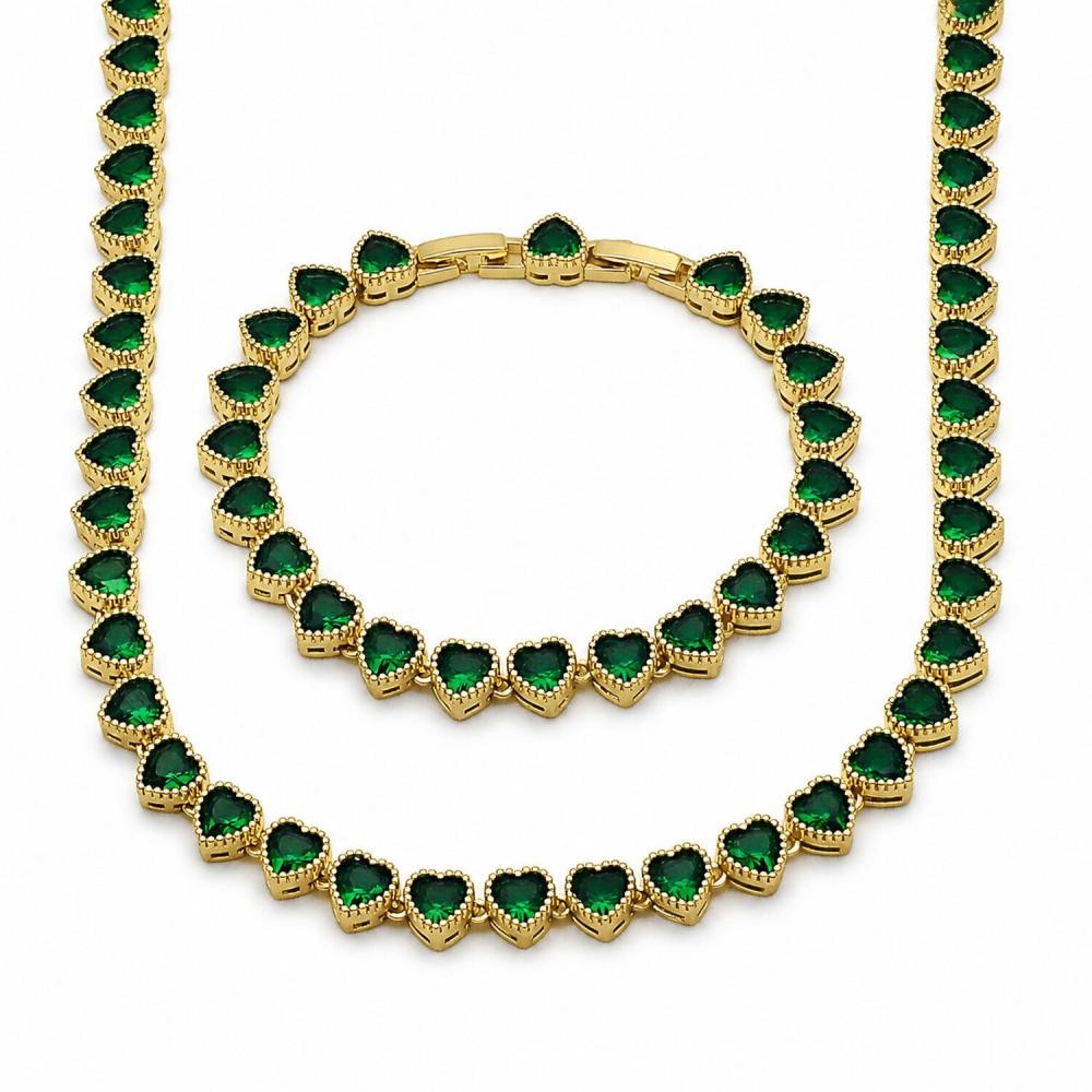 Gold Filled Necklace and Bracelet Heart Design with Emerald Green Cubic Zirconia Polished Golden Finish