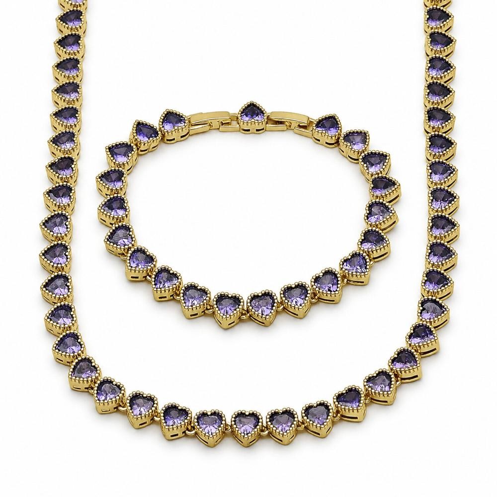 Gold Filled Necklace and Bracelet Heart Design with Purple Cubic Zirconia Polished Golden Finish