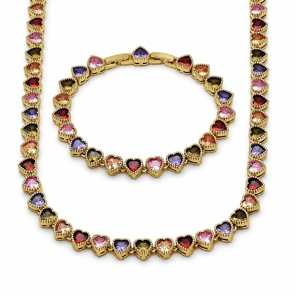 Gold Filled Necklace and Bracelet Heart Design with Multicolor Cubic Zirconia Polished Golden Finish