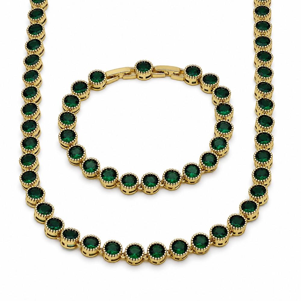 Gold Filled Necklace and Bracelet Round Design with Emerald Green Cubic Zirconia Polished Golden Finish