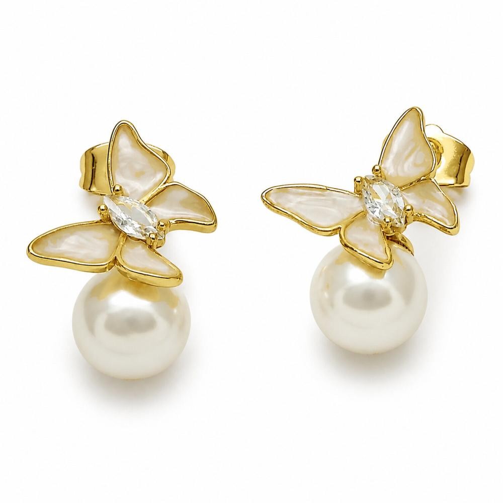 Gold Filled Stud Earring Butterfly and Ball Design with Ivory Pearl and White Cubic Zirconia White Enamel Finish