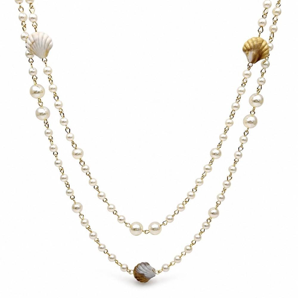 Gold Filled Fancy Necklace Shell and Ball Design with Ivory Pearl and Ivory Mother of Pearl Polished Golden Finish