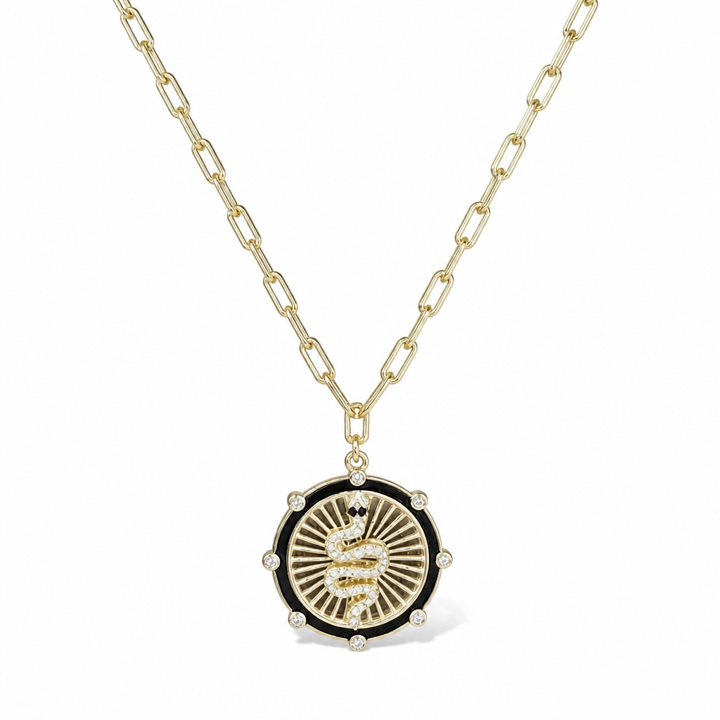 Sterling Silver Yellow Gold Plated Snake Necklace With Enamel & CZ 16+2"