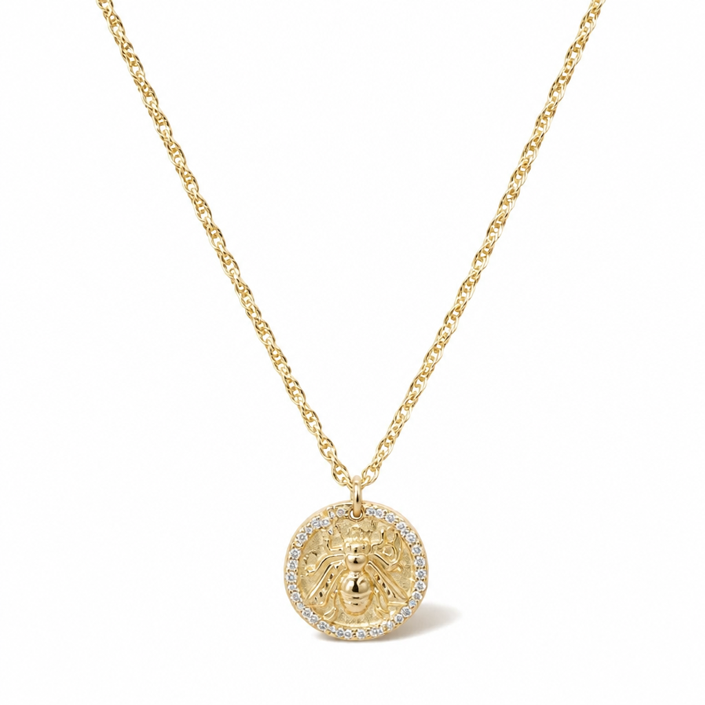 Sterling Silver Yellow Gold Or Rhodium Plated Bumble Bee Coin Necklace With White Cubic Zirconia