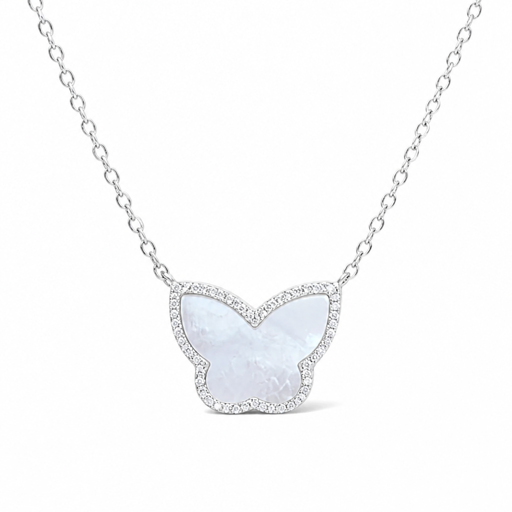 Sterling Silver Rhodium Plated Butterfly Necklace With Cubic Zirconia