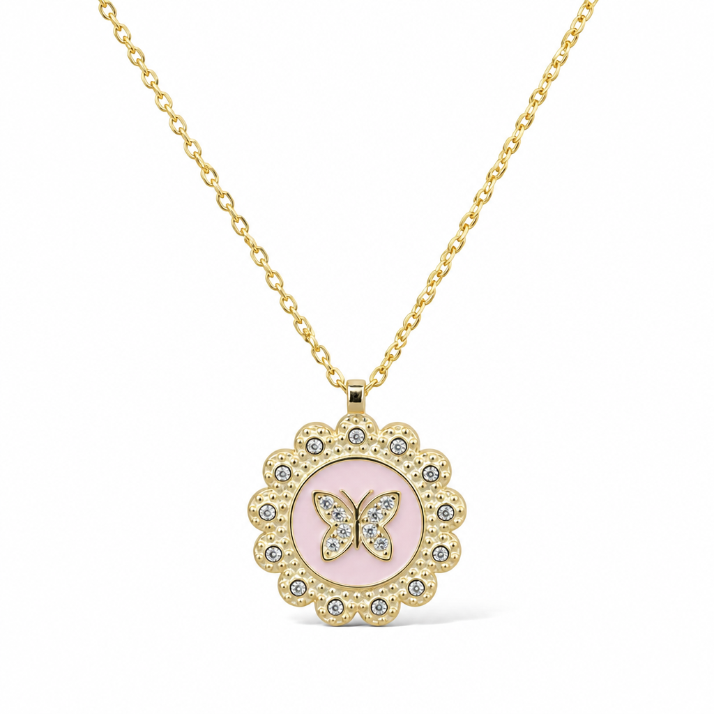 Sterling Silver Yellow Gold Plating Butterfly Necklace With Enamel & Cubic Zirconia