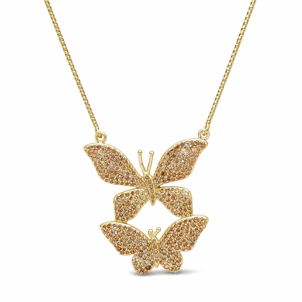 Sterling Silver Yellow Gold Plated Butterfly Necklace With Champagne Cubic Zirconia